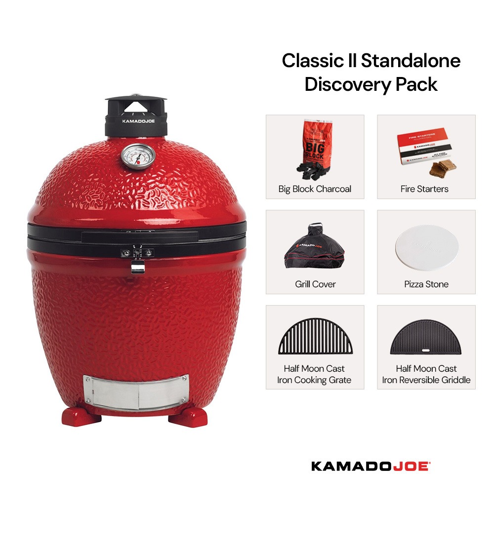 Kamado Joe Classic Joe Series II grill shown with discovery pack contents