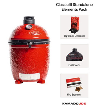 Small copy of Kamado Joe Classic III standalone grill shown with the Elements pack contents