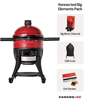 Kamado Joe Konnected big joe grill shown with the elements pack contents.
