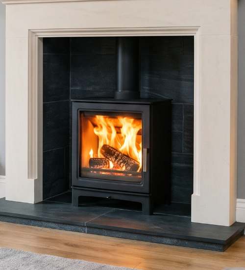 MI Fires Grisedale Wood Burning Ecodesign Stove in a limestone surround

