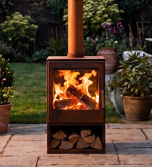 Woodford Outdoor Wood Burning Logstore Stove in Rust Finish