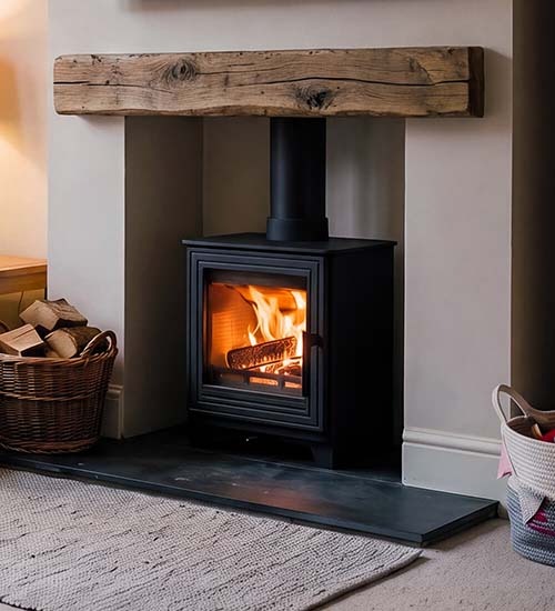 Woodford Pankhurst S Wood Burning Stove - Shown in a chimney breast with smooth finished chamber